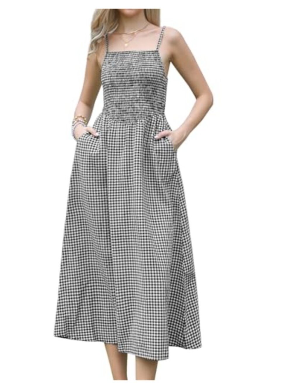 Smocked Gingham Maxi Dress Sleeveless A-Line Spaghetti Strap Adjustable